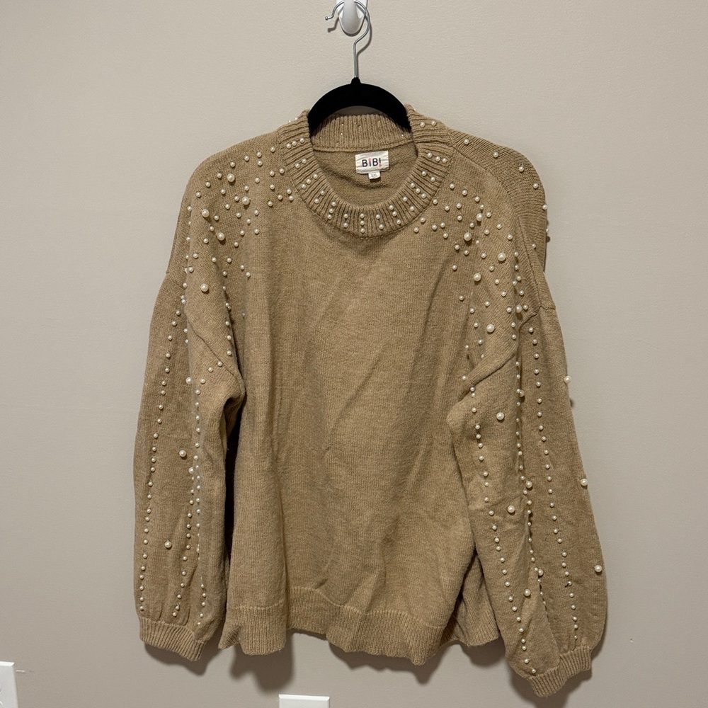 BiBi Beige Pearl-Embellished Crewneck Sweater